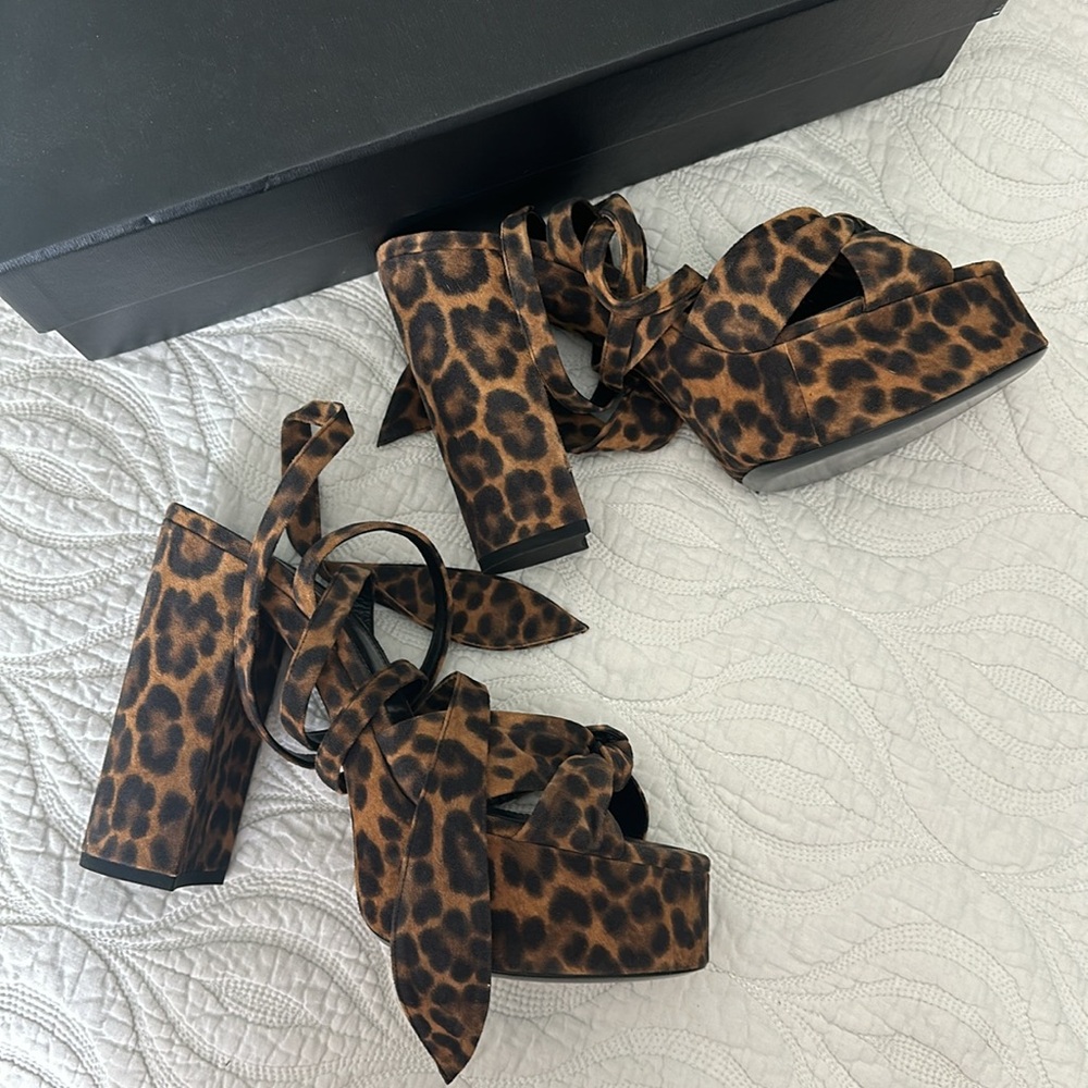 SAINT LAURENT Bianca Leopard Platform Sandals with Knot Front - Picture 3 of 6